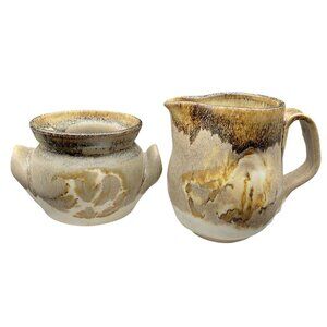 Vintage Mini Drip Glaze Ceramic Creamer & Sugar Bowl Set Studio Artist Signed